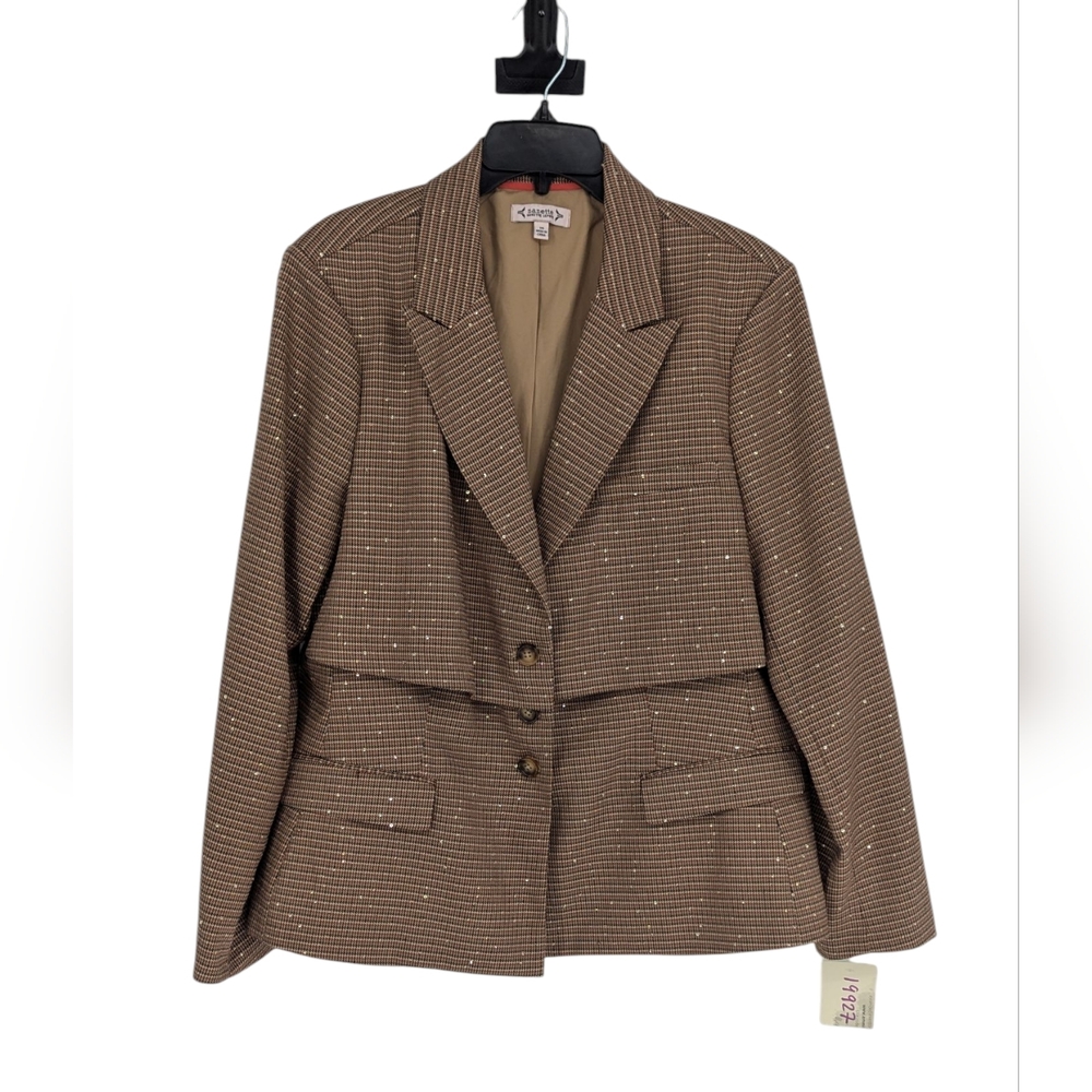 19927 Nanette Lepore Plaid Sequins Jacket Pant Suit Brown size 16 preppy busines